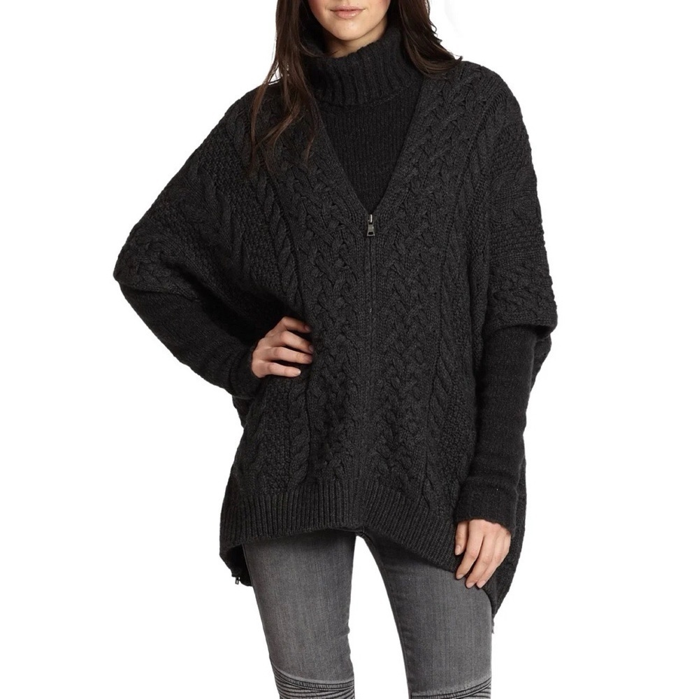 Vince • Yak Cable Knit Poncho Sweater zip front oversized Dark Slate grey wool